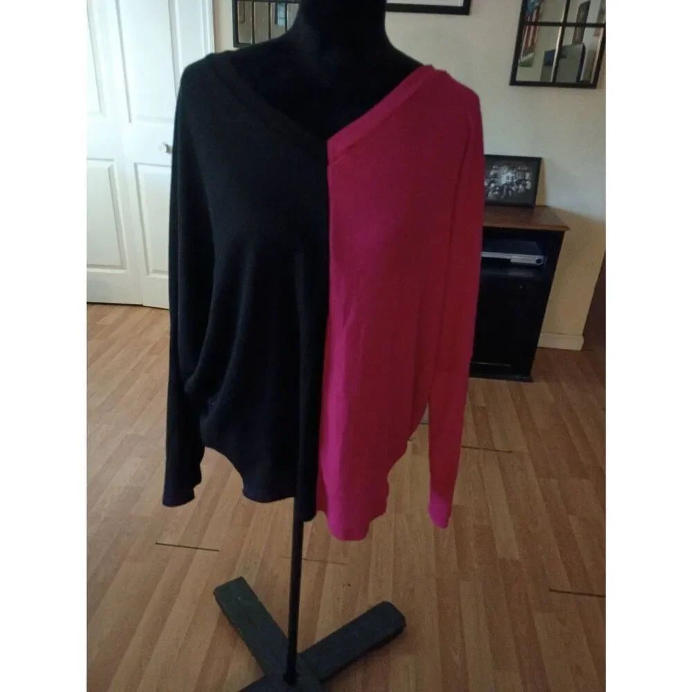 XL White Birch Black Pink Color Block Waffle Knit Long Sleeve Pullover Shirt Top